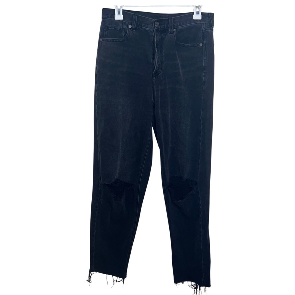 American Eagle Black Stretch Distressed Raw Hem Mid Rise Jeans Size 8 Long